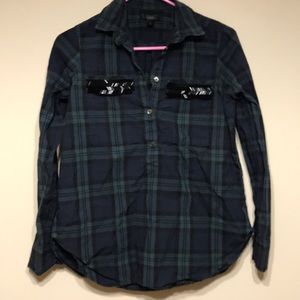 J crew plaid long sleeved half button up blouse